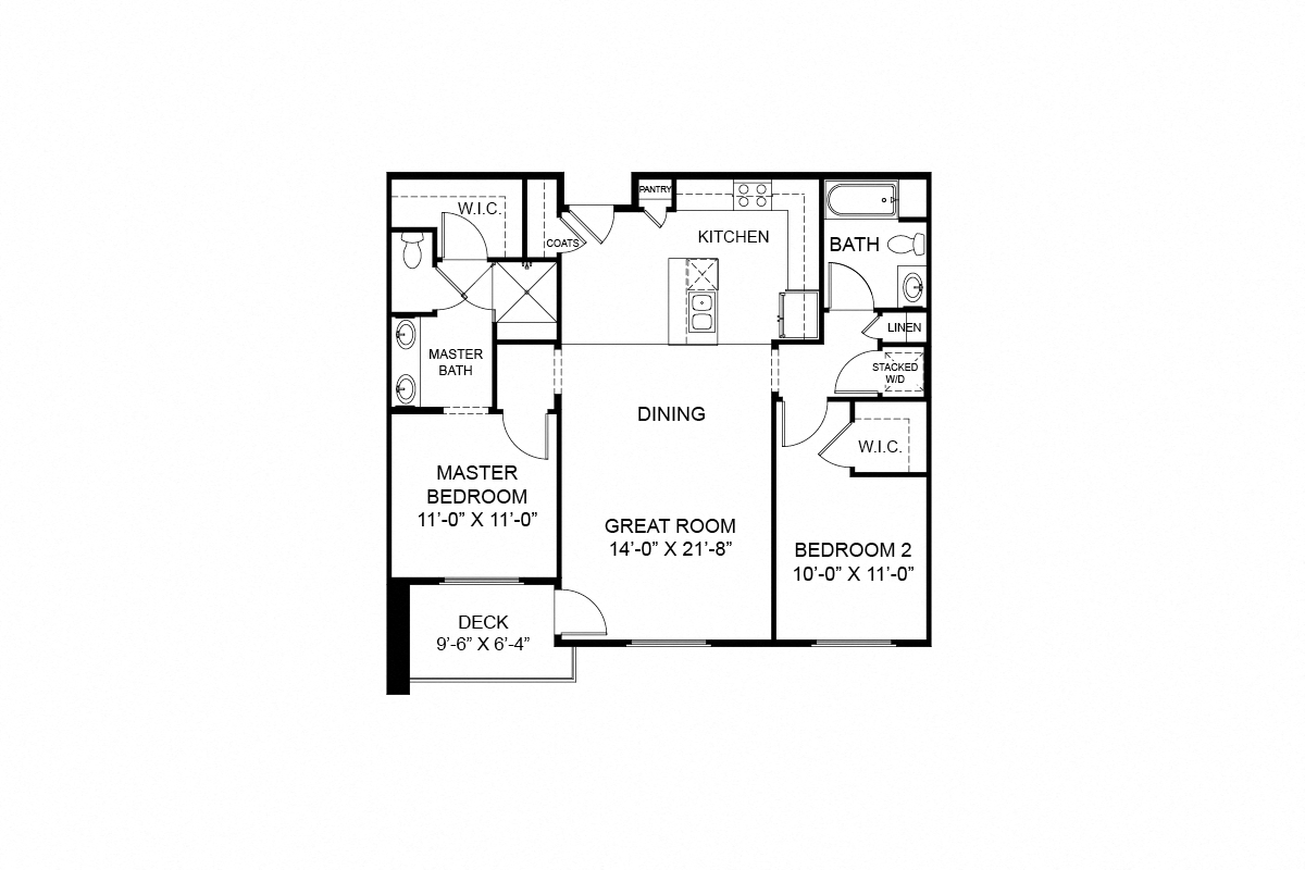 Floor plan for 2 beds, 2 baths, 1029 sqft